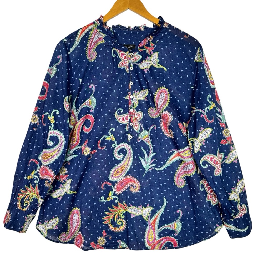 Talbots Paisley Boho Blouse Navy Peasant Top 1X Half Button Ruffle Collar
